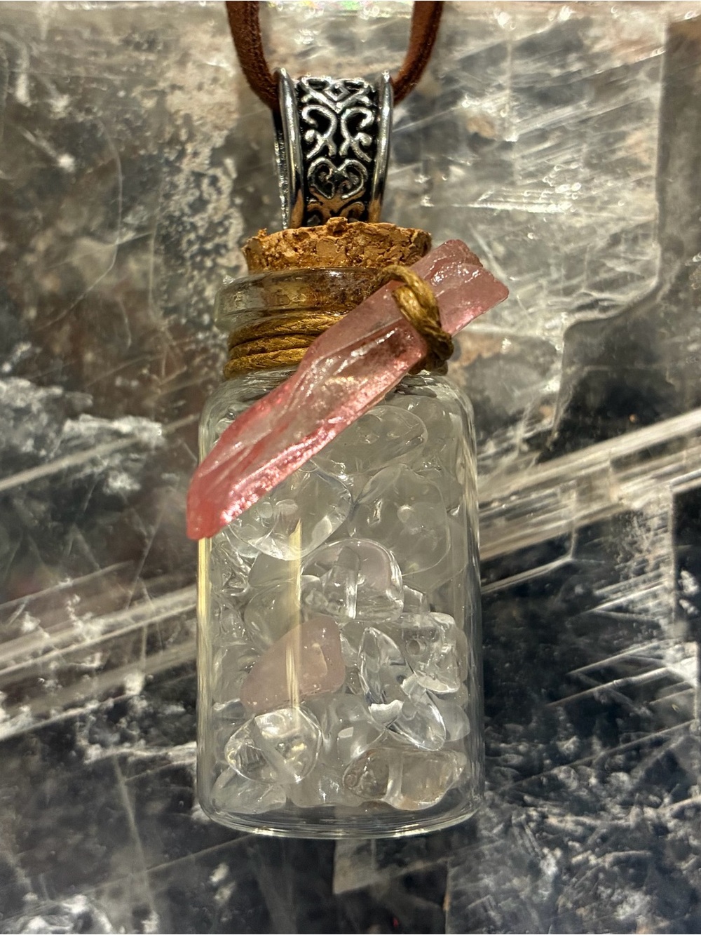 Handmade Pink Crystal Vial Necklace - Boho Women Jewelry